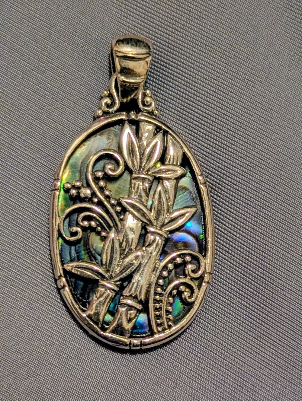 Oval Abalone Pendant With Sterling silver Bamboo Accents - Iridescent Green Blue